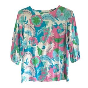 Belle by Susan Gravel Size XS Blue Pink Floral Triplelux Knit Top 3/4 Sleeve